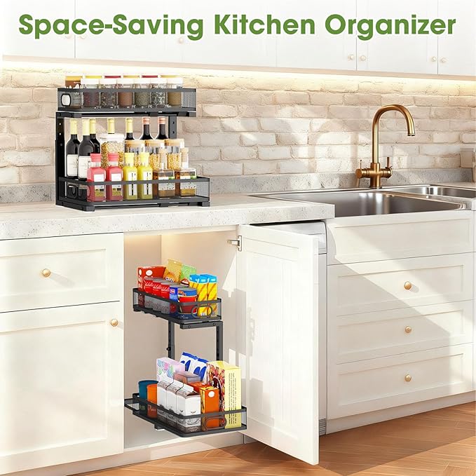 Under Sink Organizer 2-Pack, Metal 2-Tier Pull-Out Cabinet Shelf with Slide-Out Mesh Drawers, Height Adjustable, Space-Saving Under Sink Storage Racks for Kitchen, Bathroom, Laundry Room