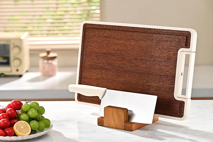 Fox Run Acacia Wood Cutting Board Holder, 3 Slot Cutting Board Organizer