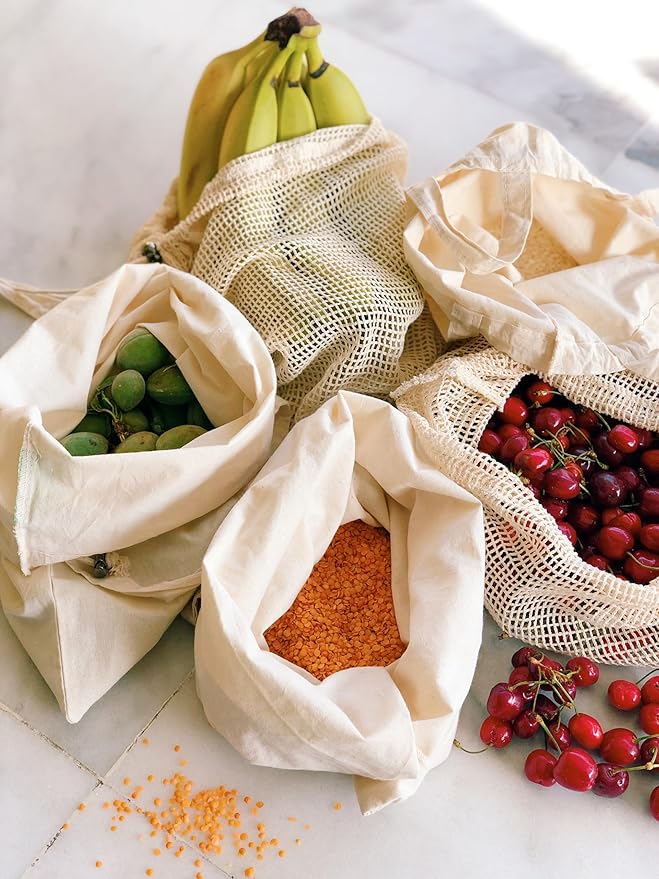 purifyou Set of 9 Mini Tote Bags with Drawstring, Reusable Organic Cotton Canvas Bags for Grocery Shopping, Dry Goods, Beach Essentials, Storage, and Travel, Washable (Large, XL)