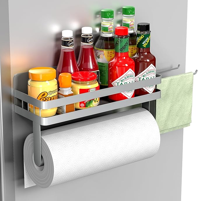 ZUNTO Magnetic Paper Towel Holder for Fridge, Strong Magnet Paper Towel Roll Holder with Spice Shelf and 2 Hooks, No Drilling Kitchen Organizer for Refrigerator, RV, Bathroom, Gray