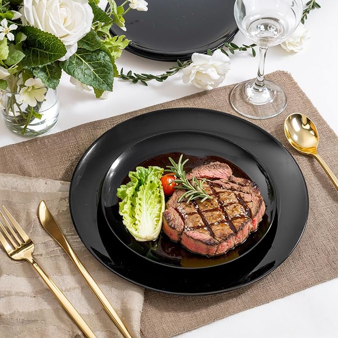 PULOTE 60 PCS Black Plastic Plates - Include 30 Dinner and 30 Dessert Plates, Black Disposable for Party,Birthday & New Year
