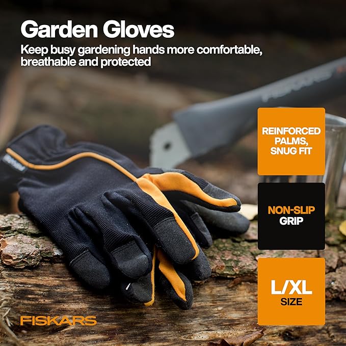 Fiskars House Plant Starter Tool Set with Set with Bypass Pruner, Trowel, Cultivator, and L/XL Garden Gloves for Indoor Gardening (4 Piece Kit)