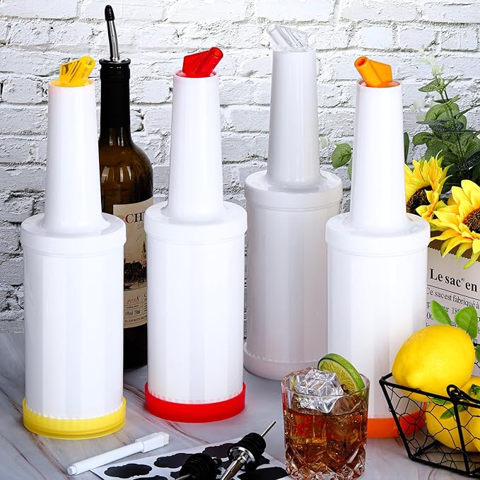 Ruisita 4 Pack Fruit Juice and Liquor Pour Bottles 34 oz Bar Juice Containers Plastic Pour Bottles with Stainless Steel Bottle Pourer Tapered Spout in 4 Colors for Liquor Juice Store