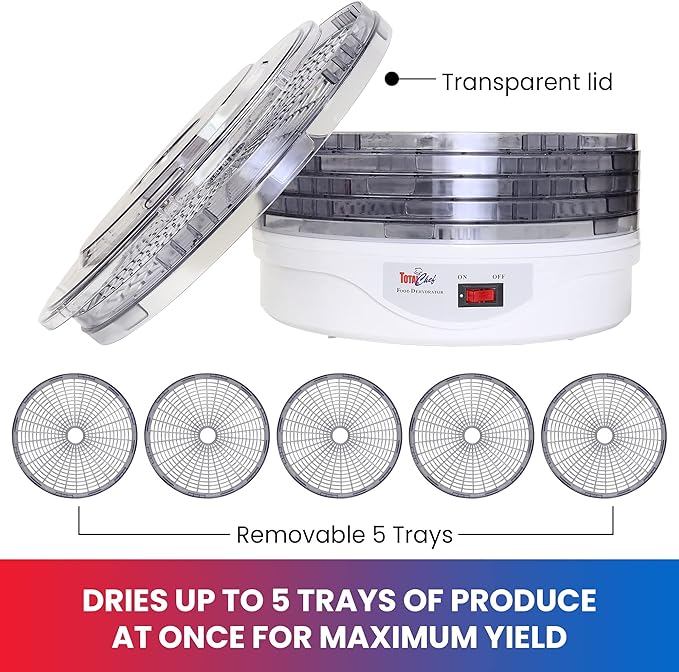 Koolatron Total Chef Food Dehydrator Machine, Countertop Electric Food Dryer with 5 Removable Transparent Drying Trays with 12" Radius - Ideal for Fruit, Meat, Snacks, Vegetables or Beef Jerky, 240W,