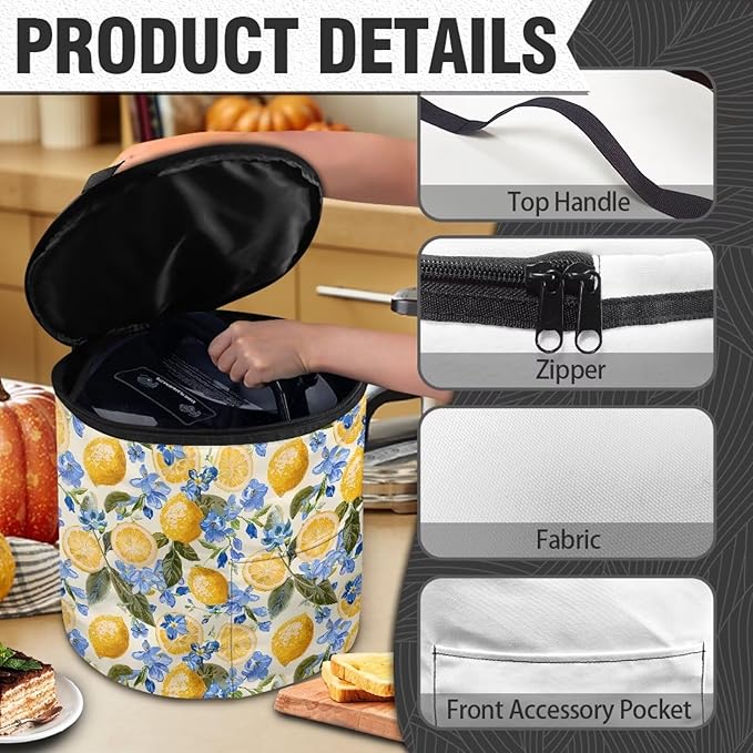 Lemon Insulated Pressure Cooker Appliance Cover, Also Fit for Rice Cooker, Air Fryer and Crock Pot, 6 Qt Dust Cover with Pocket for Spoon/Cooking Utensils/Recipes
