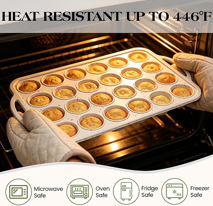 2 Pcs Mini Muffin Pans with Metal Reinforced Frame, 24 Cups Nonstick Silicone Cupcake Tray for Baking, Food Grade Small Muffin Molds with Handles (Cream)