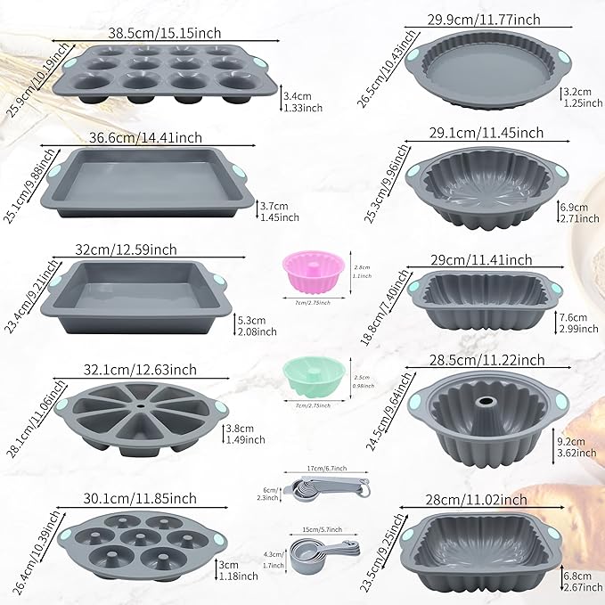 To encounter 51 Piece Silicone Baking Pan Set, Non-Stick Bakeware Set with Baking Pans, Reusable Donut Mold, Food-Grade Silicone Molds for Cakes, Cookies, Muffins, Bread, Light Grey