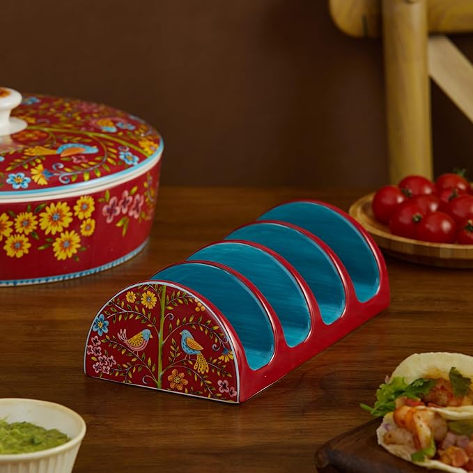 Bico Red Spring Bird Taco Tuesday Set, Tortilla Warmer and Taco Holder, Microwave and Dishwasher Safe