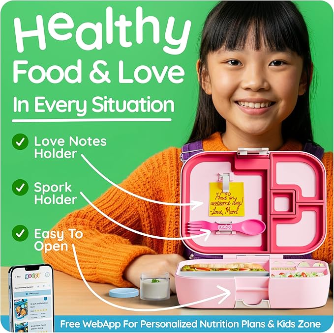 YOOPI Lunch Boxes for Kids–Toddler Bento Box with 4 Leakproof Compartment Food Bentobox Container,Lunch Box for School with Lunchbox Containers, Lightweight Sandwich Box & Snack Box (Light Pink)