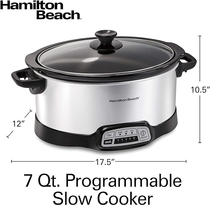 Hamilton Beach 7 Quart Programmable Slow Cooker With Flexible Easy Programming, 5 Cooking Times, Dishwasher-Safe Crock & Lid, Silver (33473)