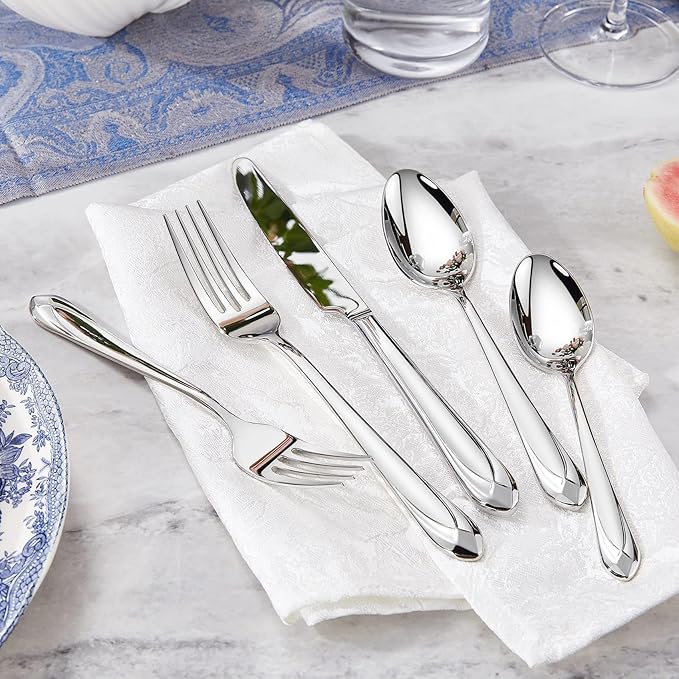 KEAWELL Premium Astra 4-Piece 9 inch Spoon Set – Mirror-Finished 18/10 Stainless Steel with Diamond-Faceted Handles Dishwasher Safe for Modern Dining (4, Serving Spoons)