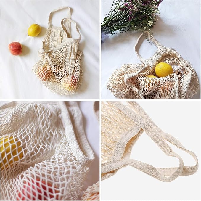 CABAX Cotton Mesh Produce Bags, Reusable Grocery Fruit Food Bags, Net String Shopping Tote Bag, Pack of 2
