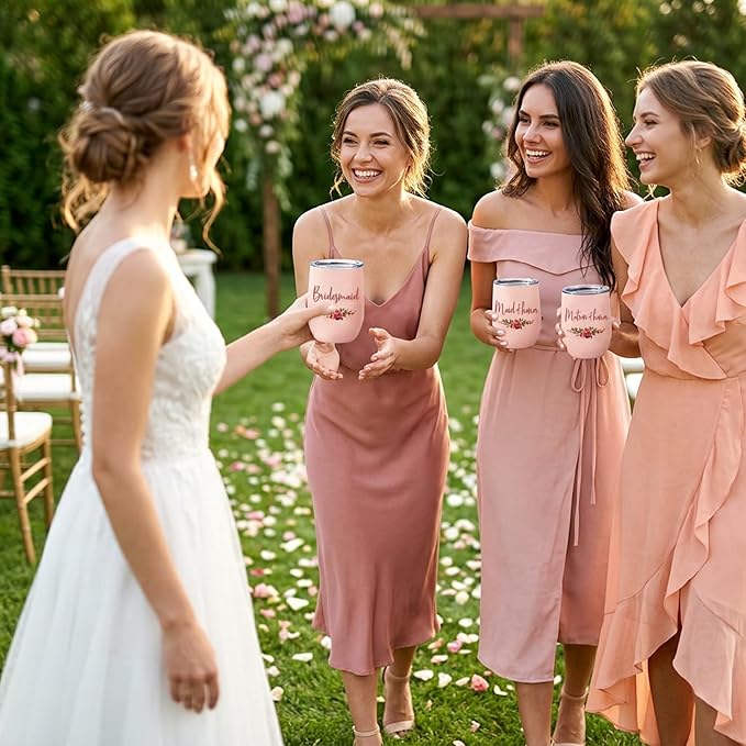 CARAKNOTS Bride Tribe Gifts Bride Tribe Cups Wedding Wine Tumbler for Bridal Shower Bachelorette Party Favor Accessories Pink Bridesmaid Cups Stainless Steel Wine Tumbler with Lid and Straw 12 oz