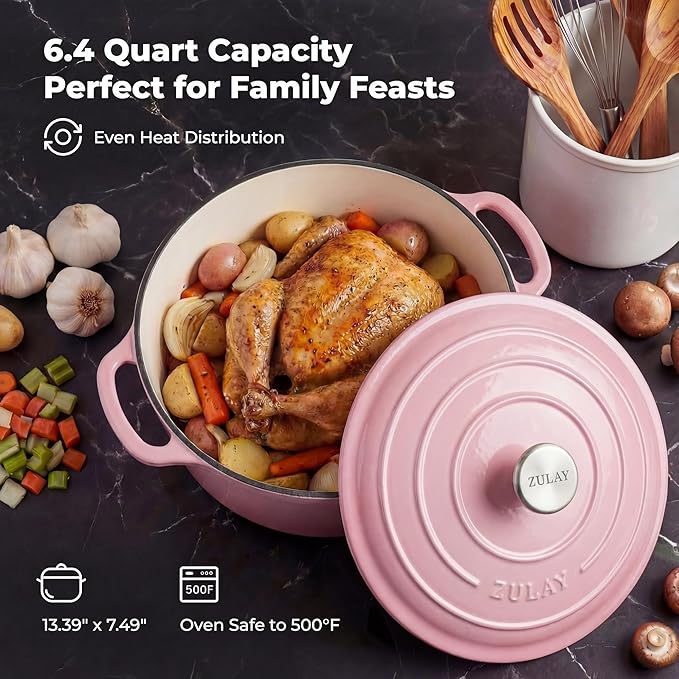Zulay Kitchen 7.7 Quart Enameled Cast Iron Dutch Oven Pot with Lid – Premium Durability & Oven Safe up to 500°F – Heavy Duty Cookware Perfect for Bread Baking, Stews, Braising & Roasting – Pink