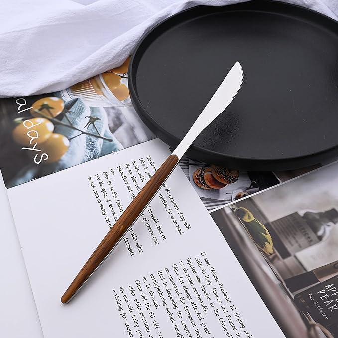 6 PCS Silver Steak Knife With Wooden Effect Handle, Stainless Steel Dinner Knife Set for 6, Mirror Polished Table Knives Set for Home Hotel Restaurant, Easy To Clean