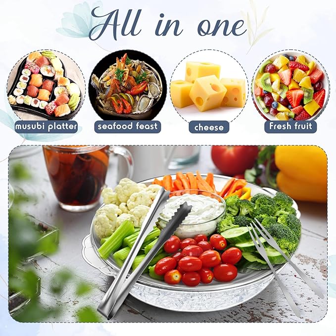 Baderke 4 Sets 11.8" Chilled Serving Tray for Parties Round Iced Platter with Ice Underneath Stainless Steel Clip Fruit Fork Shrimp Cocktail Serving Dish for Oysters Crawfish Fruits (Original)