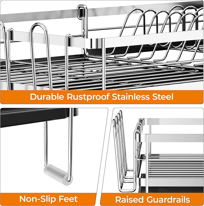 Delamu Stainless Steel Dish Drying Rack, Expandable Dish Drainer, Anti-Rust Large Dish Racks for Kitchen Counter, Dish Strainers with Drainboard, Utensil Holder & Cup Holder, 13.4"-28.7" L x 11.8" W