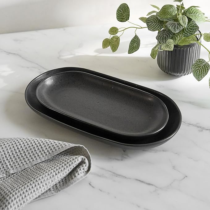 SANGO Anderson Serving Platters Set of 2, 14/12 Inch Stoneware Serving Dishes for Entertaining, Semi-Matte Party Serving Trays for Food, Buffet Oval Platters for Bread, Appetizer, Cheese, Matte Black