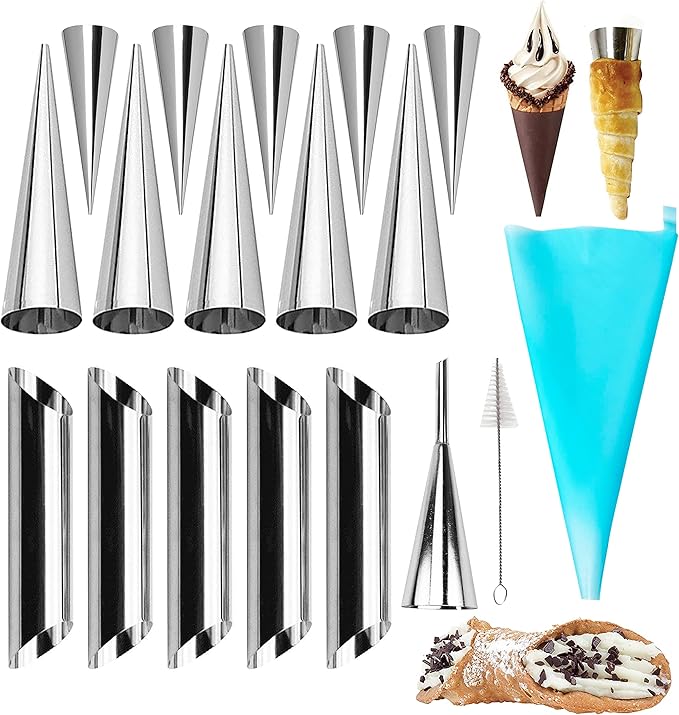 Stainless Steel Cannoli Forms Set, 5 Large Cannoli Forms, 5 Large Hones Mould, 5 Small Croissant Form, Cleaning Brush, Reusable Icing Bag and Long Frosting Tip for Puff Cupcakes Pastry