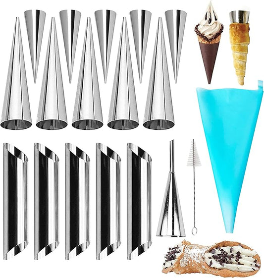 Stainless Steel Cannoli Forms Set, 5 Large Cannoli Forms, 5 Large Hones Mould, 5 Small Croissant Form, Cleaning Brush, Reusable Icing Bag and Long Frosting Tip for Puff Cupcakes Pastry
