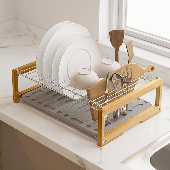 Wealone Stone Dish Drying Mat with Stainless Steel Dish Rack, Super Absorbent Diatomaceous Earth Dish Drying Mat, Large Size Stone Drying Mat, Fast Drying Dish Racks for Kitchen Counter