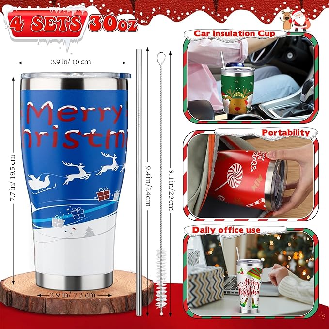 Mifoci 4 Pcs 30 oz Christmas Tumbler with Lid and Straw Stainless Steel Christmas Mug Double Insulated Cup Insulated Coffee Tumbler with Straw Brush for Holiday Coworkers Women Gifts (Style 4)