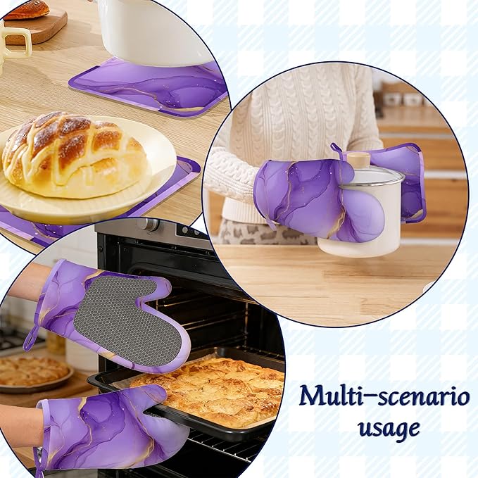 Marble Oven Mitts and Pot Holders Sets of 4 Purple Gold Marble Heat Resistant Silicone Oven Mits Gloves Non-Slip Kitchen Mittens Potholders for Cooking Baking Grilling BBQ