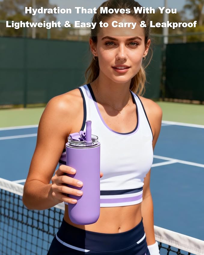 16 oz Insulated Coffee Tumblers, Travel Coffee Tumblers with Straw, Double-Wall Stainless Steel Tumbler, Leak Proof Tumbler, Reusable Cups with Lids for lced and Hot Drinks (Purple)