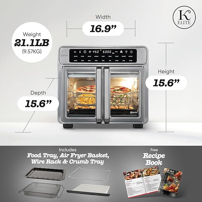 Kitchen Elite 26 Quart French Door Air Fryer Oven – Family Size Countertop Convection Cooker with LED Display, Stainless Steel