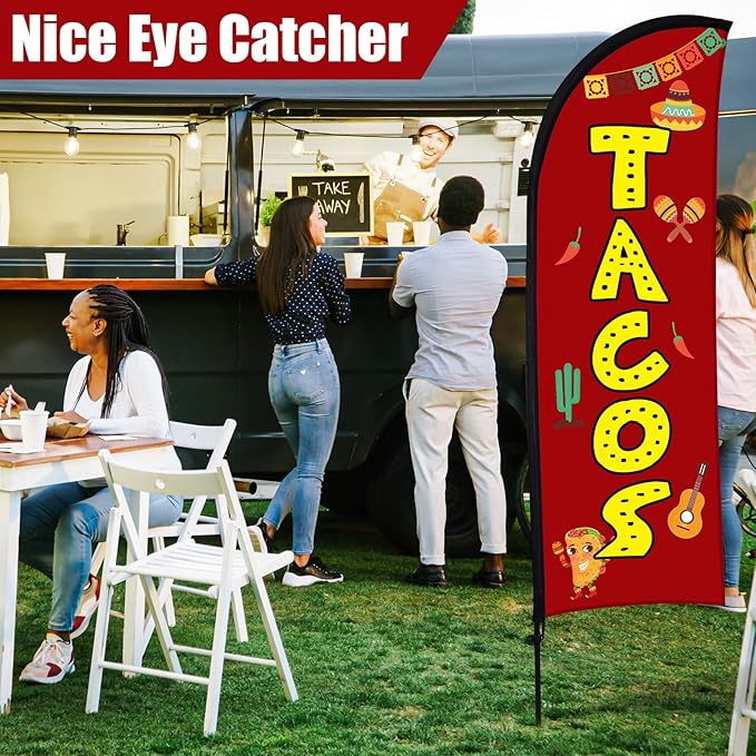 Buryeah Feather Banner Feather Flag Taco Sign Business Signs for Outside Open Flags for Businesses with Pole Ground Stake Portable for Mexican Restaurants, Diners, Markets (Red)