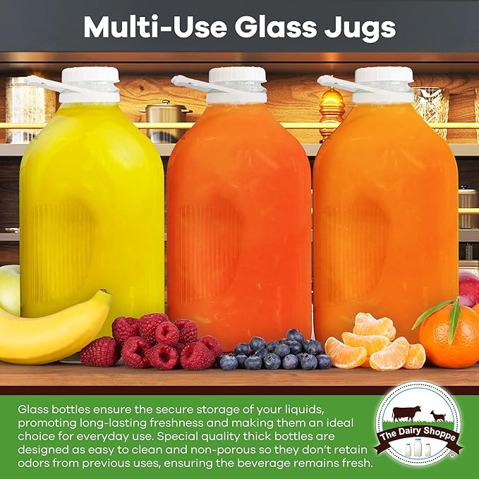 The Dairy Shoppe Heavy Glass Milk Bottles - Jugs with Lids and Silicone Pour Spouts - Clear Milk Containers for Fridge - Reusable Glass Milk Jug Dispenser - Made in USA (64 oz, 2 Pack)