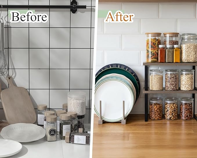 Marsui 4 Pcs Kitchen Organizer Accessories Set Cabinet Organizer Shelf and Bamboo Dish Drying Plate Rack Counter Shelves Storage Holder for Spice Rack, Dish, Pot Lid, Bowl, Cup (Gray)