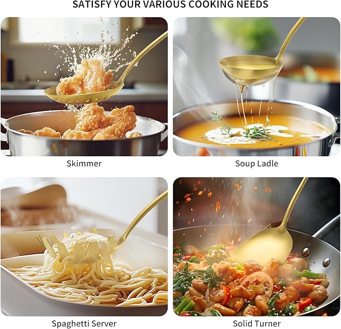 304 Stainless Steel Kitchen Cooking Utensils Set - 9 PCS Serving Utensils, Include Skimmer, Soup Ladle, Spaghetti Server, Wok Spatula, Slotted & Solid Spoon, Slotted Spatula Turner, Meat Fork (Gold）