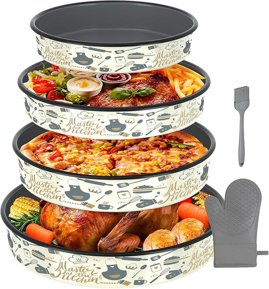 Round Baking Pan Enamel Roasting Dish 4-Pack 9/10/12/14 Inches Non Stick High Temperature Resistance Cookware for Cake Pie Pizza & Meat, Oven Dishwasher Safe Mother Day Gift Bakeware Set