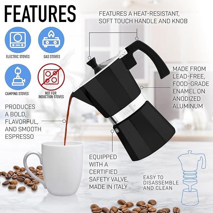 Zulay Moka Pot Espresso Stovetop Coffee Maker - Leak-Proof, Stainless Steel, Easy to Clean, Heat Resistant Handle & Knob - for Authentic Cuban & Italian Style Espresso - Makes 12 Espresso Cups - Black