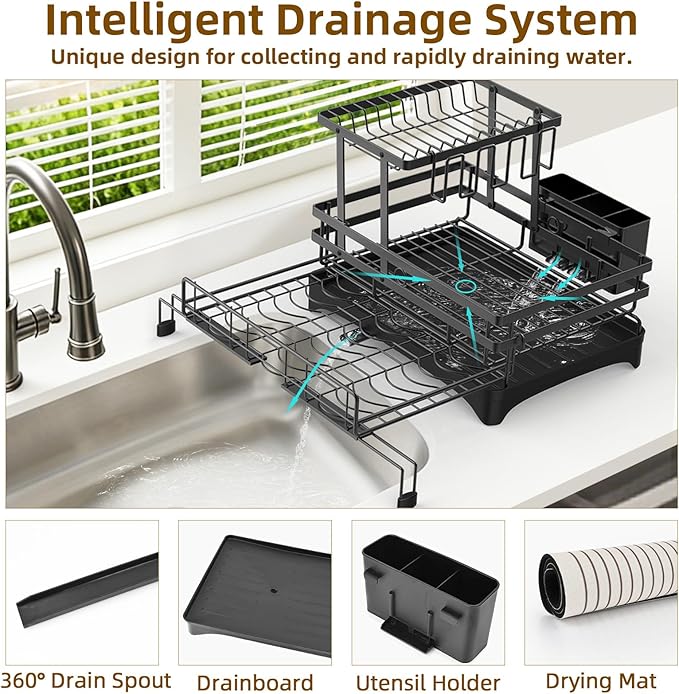 AULEEP 2 Tier Dish Drying Rack, 2-in-1 Expandable Dish Racks for Kitchen Counter, Anti-Rust Large Drainers for Kitchen Sink with Drying Mat, Cups Holder, Utensil Holder