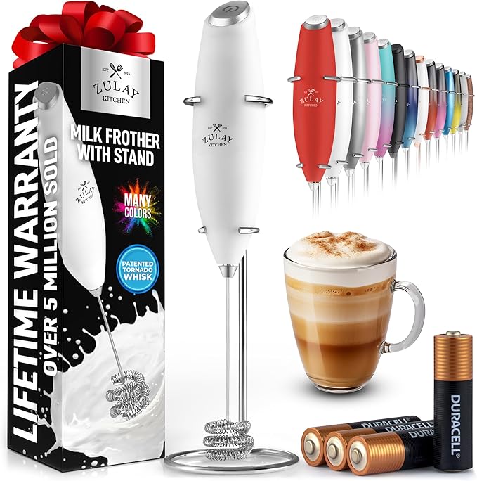 Zulay Kitchen Patented Tornado Triple Whisk Milk Frother with 4 Duracell Batteries – Handheld Foam Maker for Coffee, Lattes, Matcha & Hot Chocolate – Rich, Creamy Froth in Seconds - Blizzard White