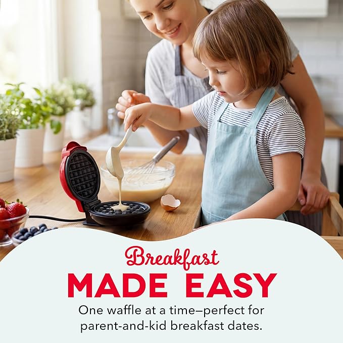 Dash Mini Waffle Maker- Compact Electric Iron for Creative Homemade Treats - Nonstick Surface - Easy-to-Clean - Perfect for Kids & Families - Red