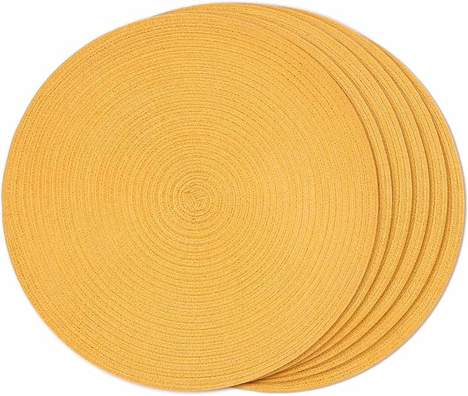 FunWheat Round Braided Placemats Set of 6 Place mats for Dining Tables Woven Heat Resistant Table Mats 15 inch (Yellow,6pcs)