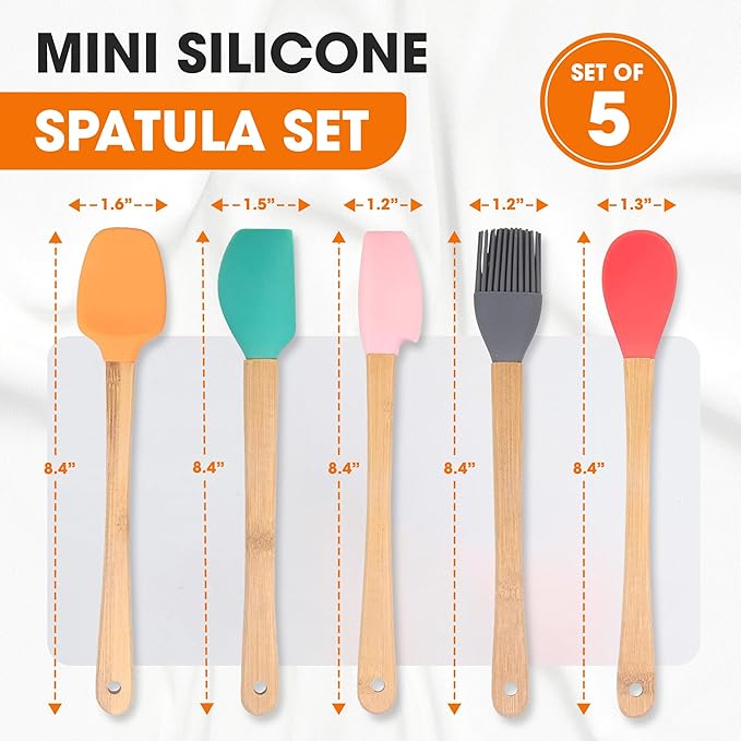Cheer Collection Mini Silicone Spatula Set – 5-Piece Wooden Handle Kids Baking Tools, Non-Stick Mini Spatula for Baking, Cooking, Cake Decorating & Family Kitchen Fun