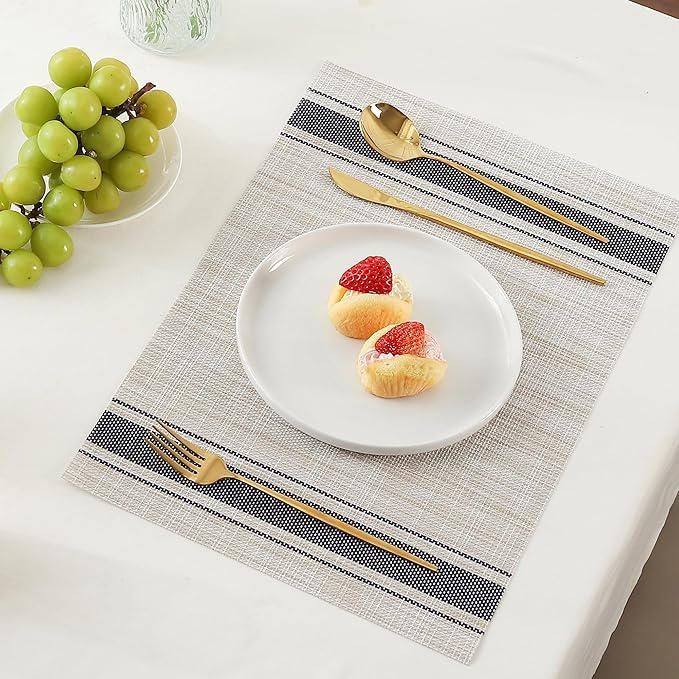 Leetaltree Khaki-Blue Placemats, Heat Resistant Non-Slip Place mats for Dining Table, Washable Durable PVC Vinyl Woven Table Mats (Set of 6)