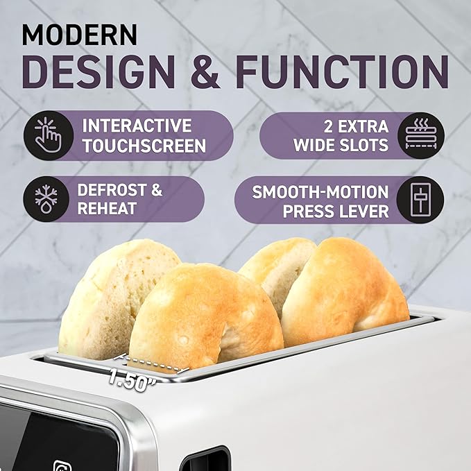 Touch Screen Toaster - 4 Slice, 2 Extra Long Slots - 5 Bread Types and 6 Browning Levels - Defrost, Reheat, Favorite, & Single Slot Modes - For Toast, Bagels, & Waffles – White