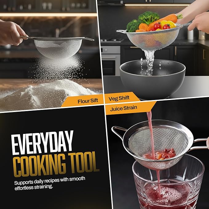 ELEEN Premium Stainless Steel Fine Mesh Strainers for Kitchen 3-Piece Set with Non-Slip Handle, Small, Medium & Large Sieves, Colanders and Sifter for Sifting, Straining, Pastas Tea, Rice Vegetables