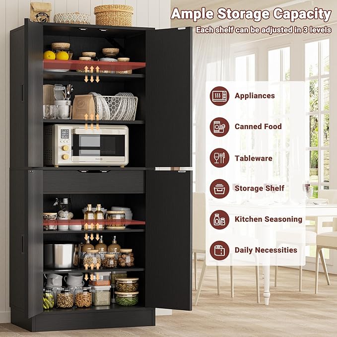 Unikito Kitchen Pantry Cabinet with Farmhouse Barn Doors and Storage Drawer, 4 Adjustable Shelves, Freestanding Tall 71" Cupboard for Kitchen, Dining Room, Living Room, Utility Room, Black