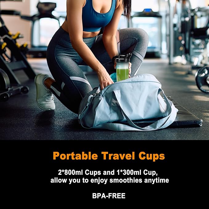 Smoothie Blender, 1200W Personal Blender for Smoothies, Blenders for Kitchen with 2 BPA-Free 26oz Travel Cups, Perfect for Smoothies, Frozen Drinks, Juices & Protein Shakes, Stainless Steel Blades