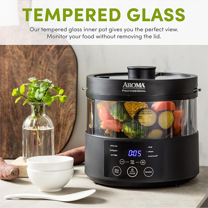 Aroma Housewares Professional 8-Cup (Cooked) SmartCarb Multicooker and Flavor-Lock Food Steamer for Low-Carb Rice and Grains, Glass Inner Pot, Black (AMC-800), Transparent Glass, 4 Cup Uncooked Rice
