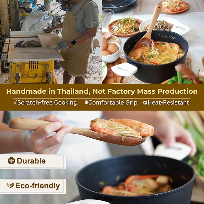 SarnThai Wooden Spoons for Cooking – 3 PCS Handcrafted Thai Teak Utensil Set, Stirring Spatula & Serving Spoon, Eco-Friendly, Ideal as Wok Spatula Wood