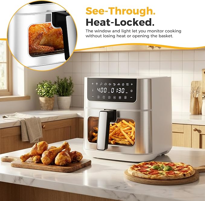 NEWBULIG Air Fryer 6.34QT, Airfryer with Visible Window, 400℉ Fast Heating Air Fryers Oven with Nonstick and Dishwasher-Safe Basket, 8-in-1 Cooking Preset, Timer，Auto-Off, Stainless Steel, White