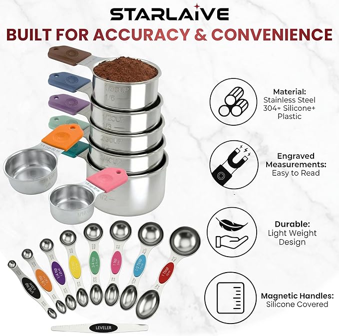 16-Pcs Measuring Cups & Magnetic Spoons Set with Leveler, Food-Grade Stainless Steel, Stackable Design, Silicone Handles, Precise Metal Measuring Cups and Spoons Set for Cooking & Baking (Multicolor)