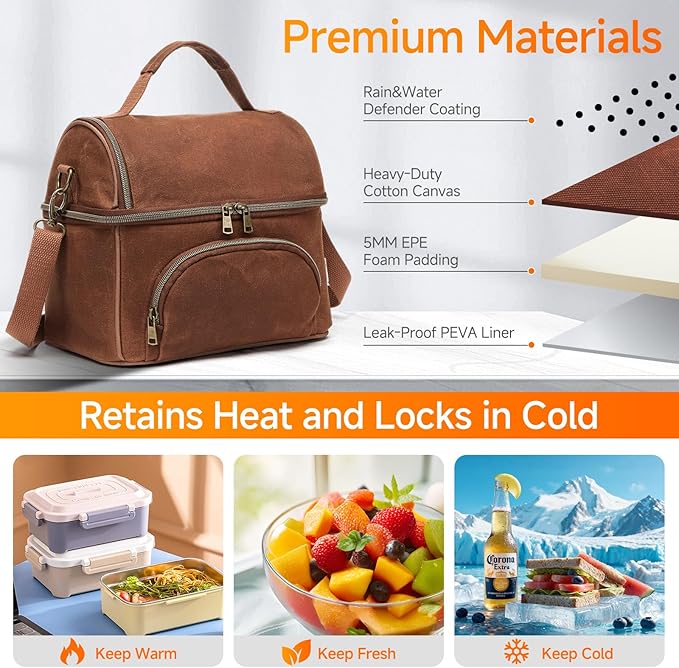 Lunch Box with Ice Packs, Waxed Canvas Lunch Bag for Men, 10.5L Leakproof Insulated Lunch Cooler for Men Work, Dual Compartment Soft Cooler for Work, Camping, Beach & Road Trips